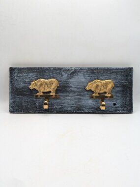 Hand Crafted Hat Key Coat Rack 2 Brass Bear Hooks Wall Mount `Blue 14.5"